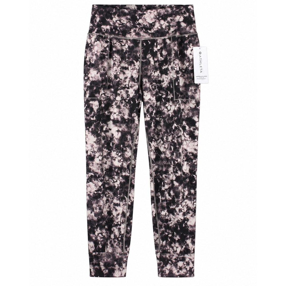 Athleta Salutation Printed Jogger Black White Tie Dye Pants Size LG NWT
